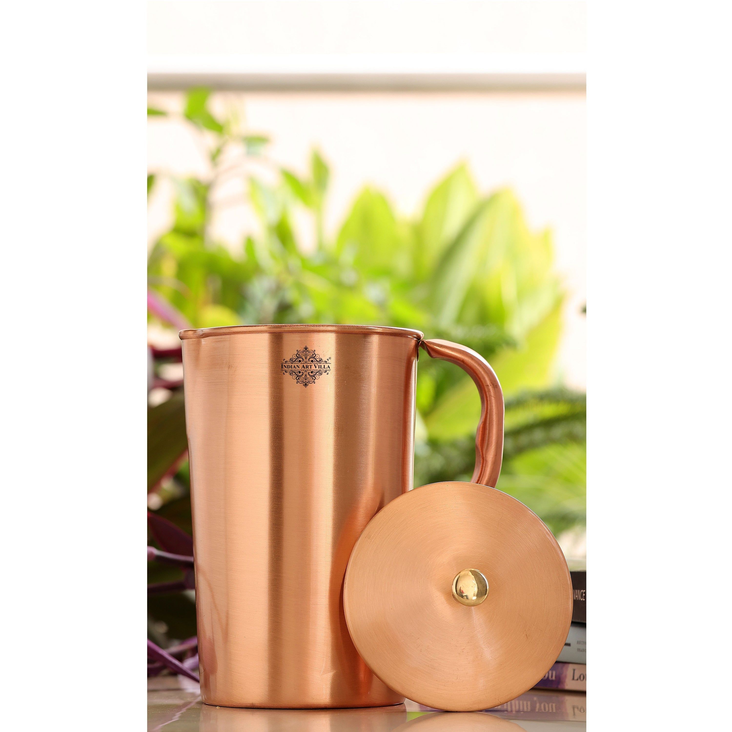Pure copper plain jug with brass knob on lid, 1000 ML